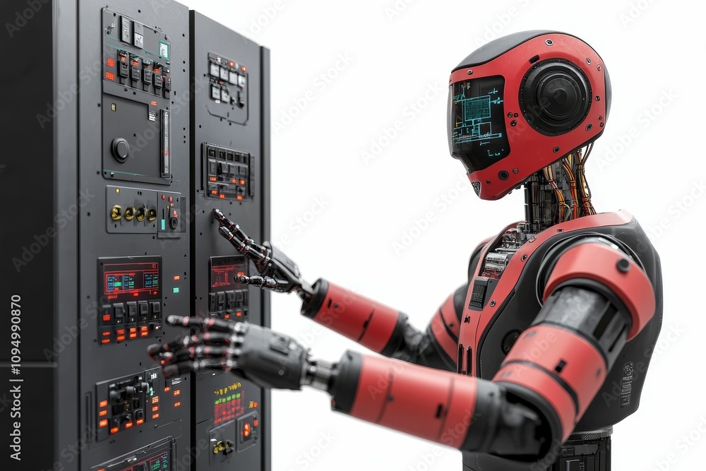 Poster red robot operates complex control panel.