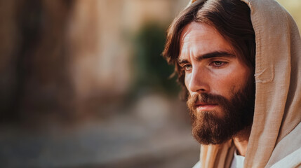 Man wearing a hooded garment with a contemplative expression outdoors in a historical setting at sunset