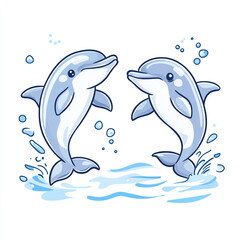 Fototapeta premium Two dolphins are jumping in the water in a playful and joyful mood.