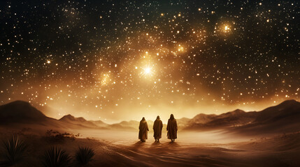 Fototapeta premium Three wise men walking in desert under starry sky at night