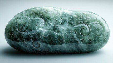 A polished jade stone with intricate swirling patterns, showcasing natural artistry and craftsmanship.