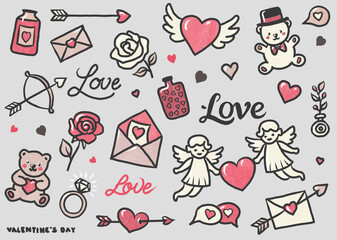 Set of isolated pencil and crayon style doodle designs on valentine's theme in pink gray colors, including hearts, wings, angels, teddy bears, messages, letters, roses, ring, lettering, jars, bottles