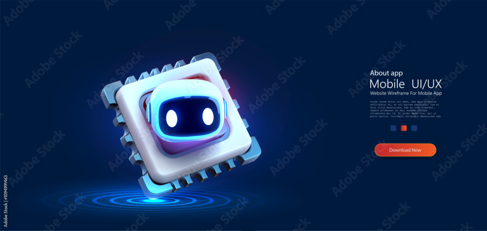 Poster a vibrant 3d vector illustration of a glowing robot face integrated within a microchip, symbolizing 