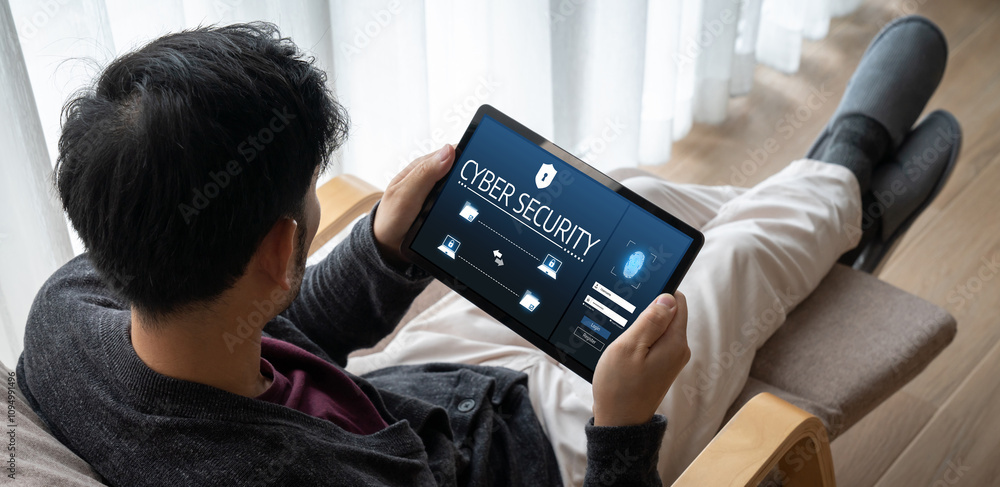 Poster cyber security system on computer screen protect private information snugly from hacker and cyber at