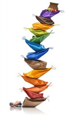  Una pila de bolsas de colores apiladas en forma de arcoíris, con frutas y verduras sobresaliendo.
