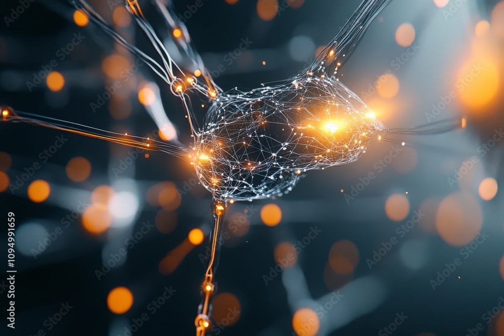 Poster an intricate representation of a neural network with interconnected glowing nodes, depicting the com