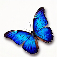 A blue butterfly with open wings, hovering over a blank white background