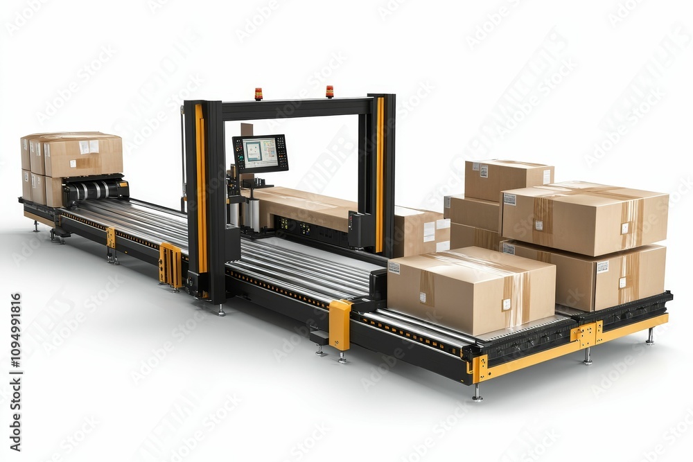 Poster automated packaging system processing cardboard boxes.