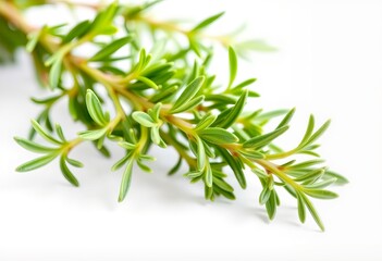 Fresh thyme leaves A sprig of fresh thyme leaves on a white back
