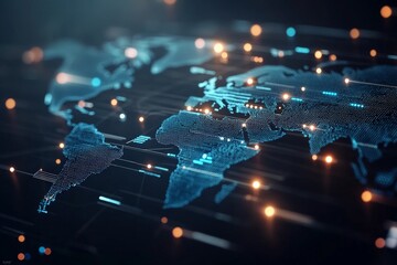 A digital representation of the world map with interconnected lines and glowing dots, symbolizing global connectivity and technological advancements.