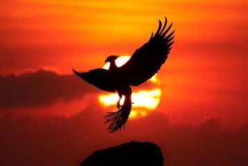 _ . Phoenix Rising - The silhouette of a phoenix against a fiery
