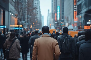 Obraz premium African American in Tan Suit, City Crowd, Street Level View