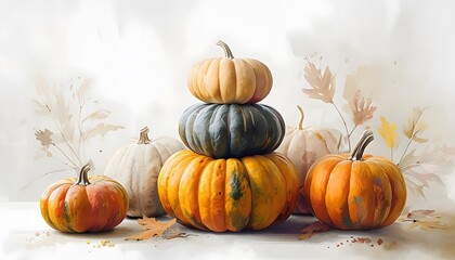 Artistic Thanksgiving Still Life of Stacked Pumpkins in Various Colors and Textures