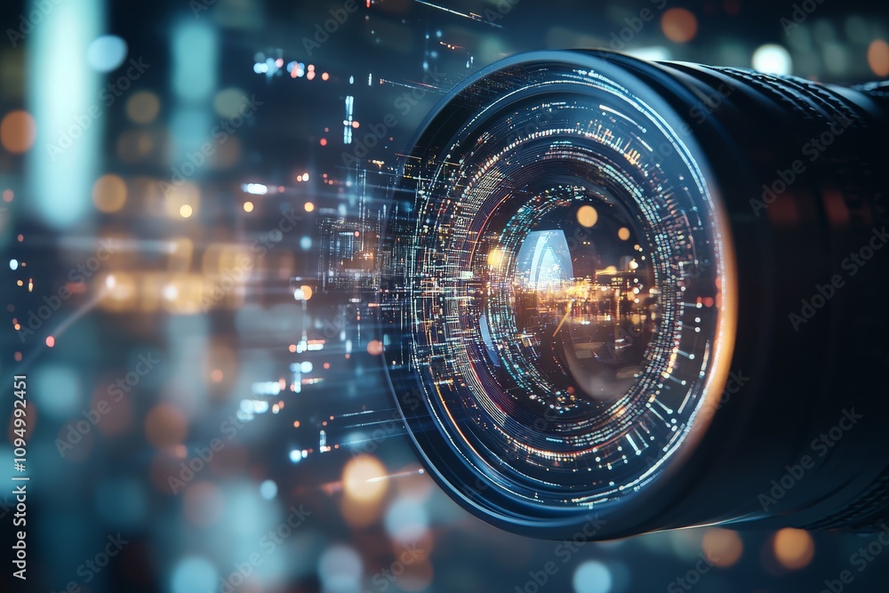 Aufkleber a detailed close-up of a camera lens transitions into digital circuits, highlighting the fusion of p