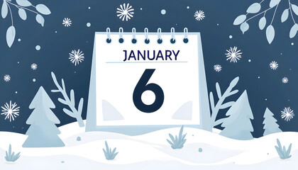 Illustration, symbolic calendar design with bold highlighting of January 6th surrounded by snowflakes and abstract winter elements