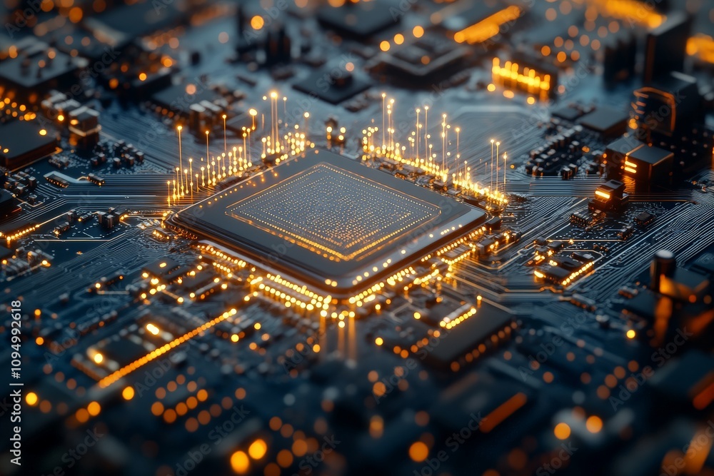 Poster a detailed shot of a cpu on a motherboard with glowing elements, representing the core technological