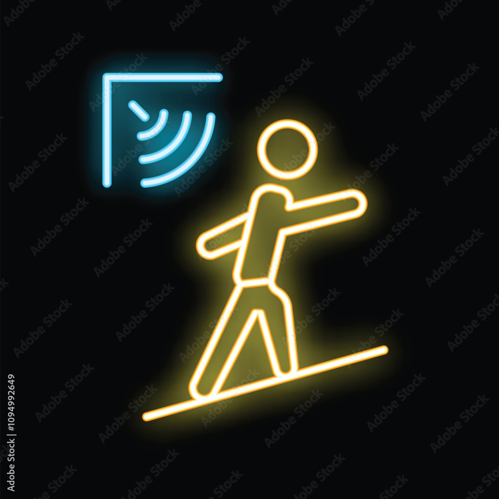 Poster neon sign of a stick figure walking upwards under a wifi signal, representing the concept of interne