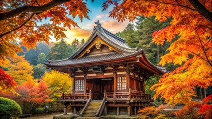 Intricate Wooden Carving of Ornate Temple Framed by Autumn Leaves, Showcasing Artistry and Craftsmanship in a Serene Natural Setting