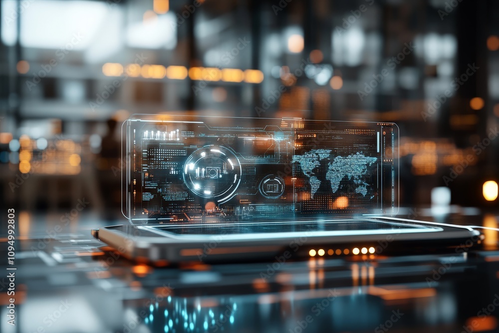 Poster the image depicts a high-tech interface showcasing a futuristic hologram with digital graphics, symb