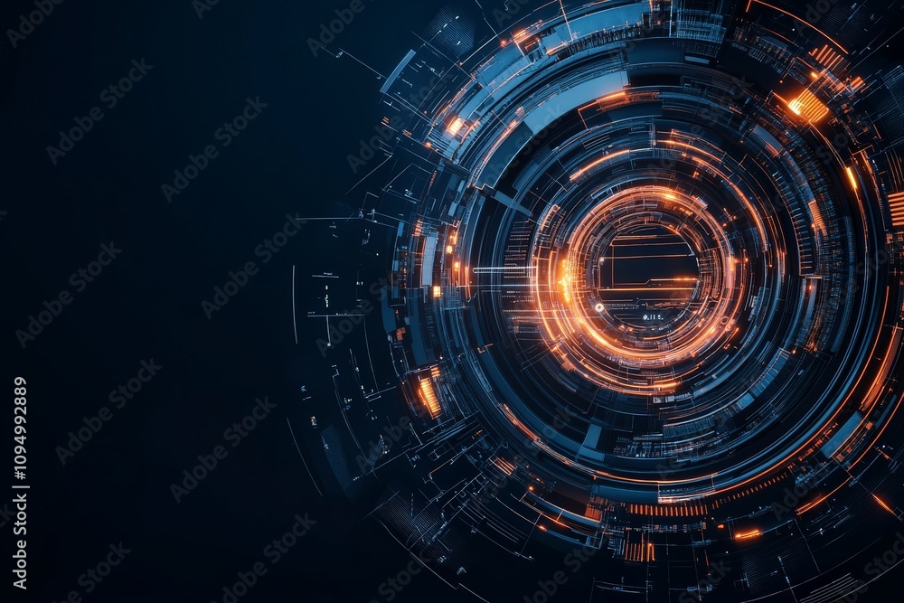 Poster this image features a glowing digital interface embodied within a circular circuit design, capturing