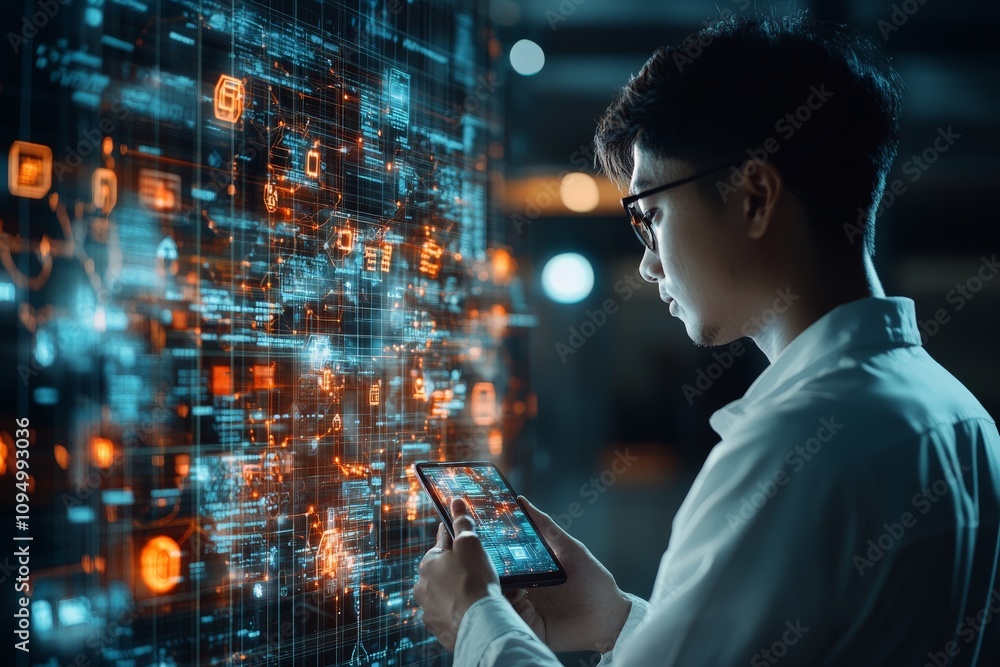 Poster a technician uses a tablet device to analyze complex data visualizations displayed on a digitally ad