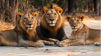 Obraz premium Trio of Majestic Lions Relaxing on a Dirt Road, Wildlife Photography, African Wilderness, Botswana
