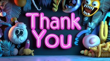 A colorful, playful scene featuring the words "Thank You" illuminated in neon, surrounded by quirky characters and shapes.