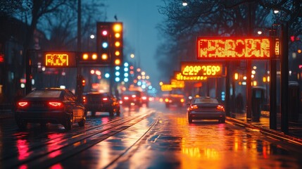Fototapeta premium A rainy urban street scene at night with illuminated traffic signals and reflections.