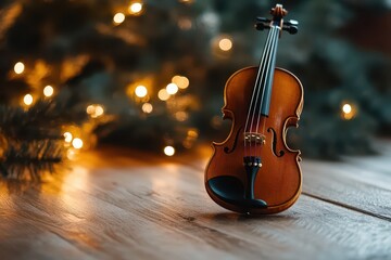 Fototapeta premium Miniature violin among festive lights and greenery