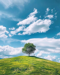 Obraz premium A lone tree standing on a grassy hill dramatic cloudy sky minimalist landscape photography nature environment serene viewpoint striking concept