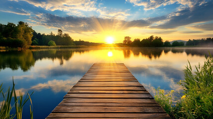 Naklejka premium Sunrise over peaceful lake with wooden pier reflecting colorful sky