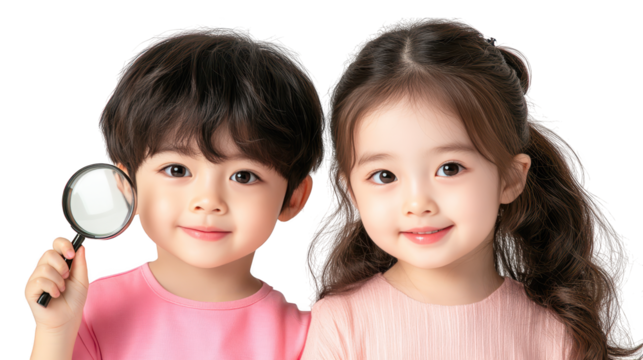 Two curious young girls explore the world with magnifying glass, journey of discovery