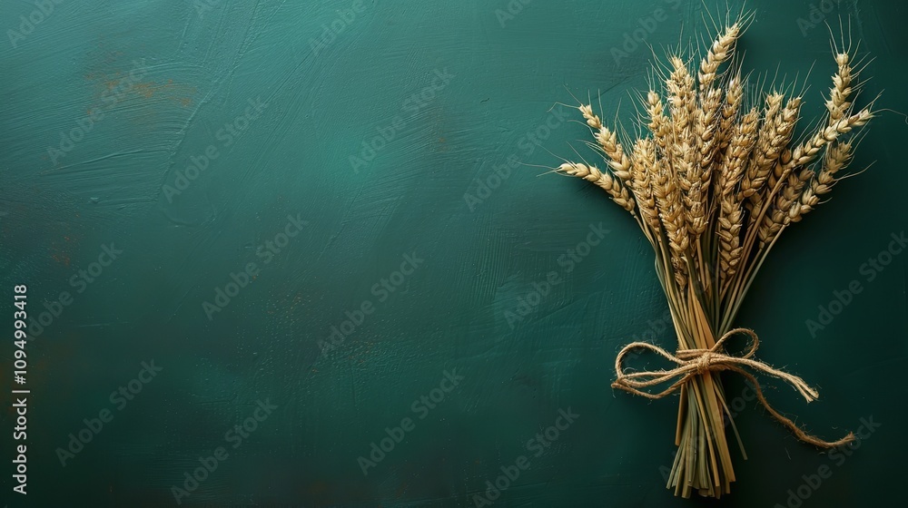 Poster wheat bundle ornamental sheath tied with raffia bow in close-up and in top view with textural space 