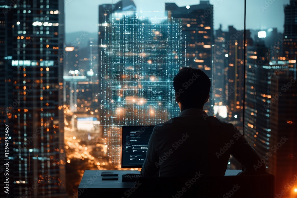 Poster a programmer seated at a desk coding, overlooking a sprawling city skyline at dusk, highlighting the