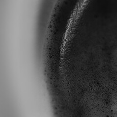A detailed black and white close-up photograph showcasing intricate and artistic foam patterns on the surface of a coffee cup. The high-contrast composition emphasizes the texture and swirls of the fo