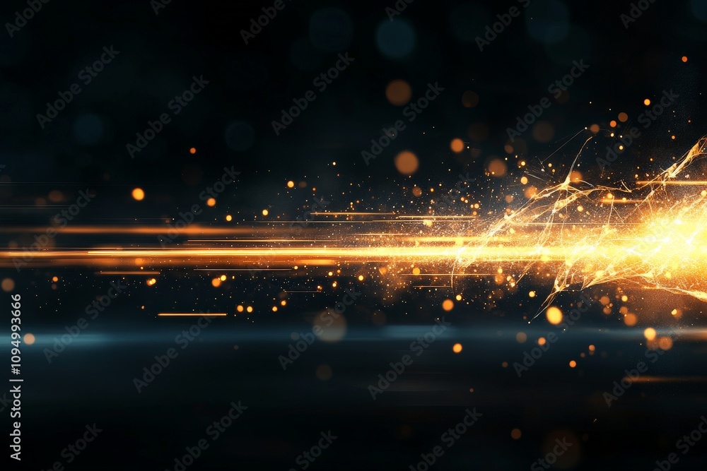 Poster abstract image showcasing dynamic orange light streaks with numerous spark particles in motion, evok