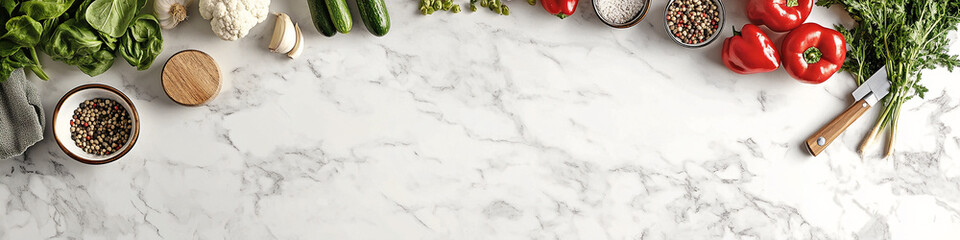 Vegetables on a clean kitchen marble counter top horizontal web header with copy space for text top down view of red and green vegetables banner