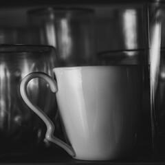 A striking black and white photograph featuring a single white cup placed on a shelf surrounded by a variety of glasses. The contrast highlights the simplicity of the cup against the intricate texture