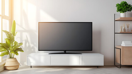 A modern living room featuring a TV, plant, and shelving unit in a bright, minimalist space.