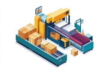 Automated packaging system, boxes on conveyor belts.