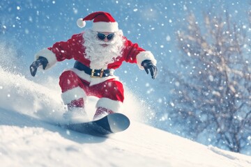 Santa Claus Enjoys Snowboarding in Winter Wonderland