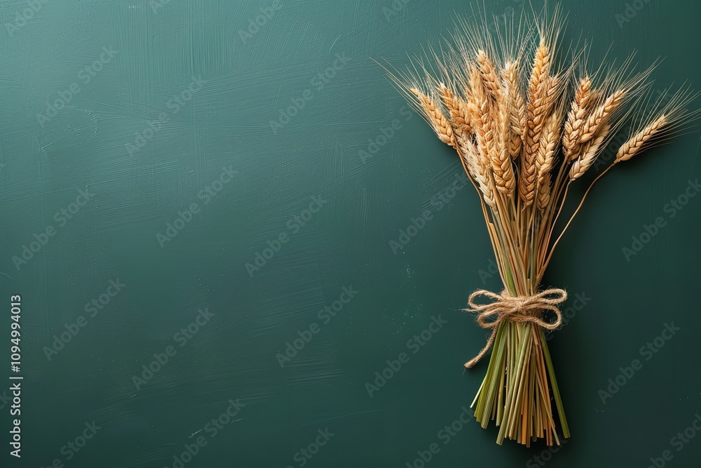 Poster wheat bundle ornamental sheath tied with raffia bow in close-up and in top view with textural space 