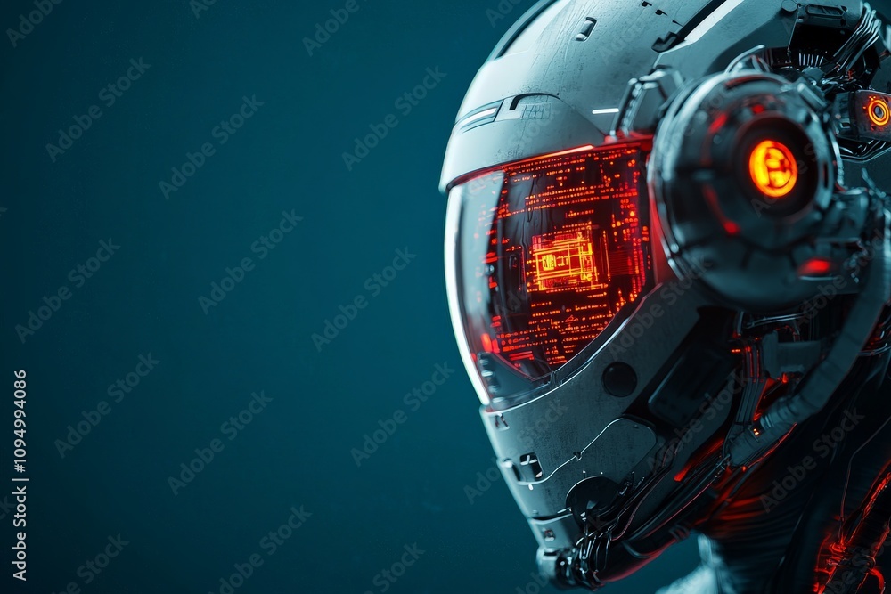 Poster a sleek, advanced helmet features a luminous digital interface, representing the integration of robo