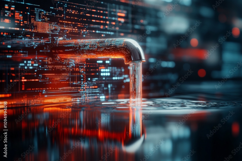 Poster a futuristic faucet emits a stream of data, depicted in vibrant digital form, symbolizing the flow a