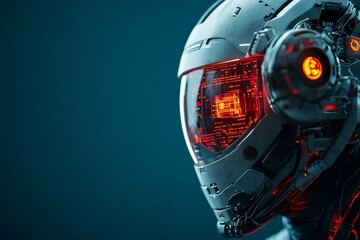 Fototapeta premium A sleek, advanced helmet features a luminous digital interface, representing the integration of robotics technology with human innovation and futuristic design.