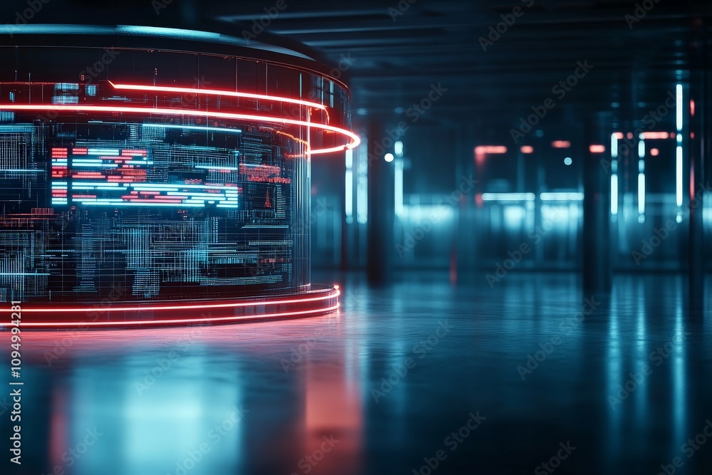 Poster the image features a sleek, digital cylindrical display screen, illuminated with red and blue lights