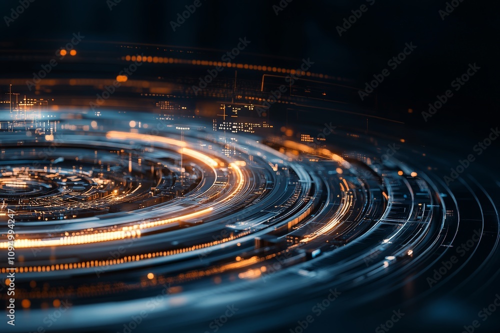 Poster showcasing circular glowing elements surrounded by intricate lines and glowing dots, this image symb