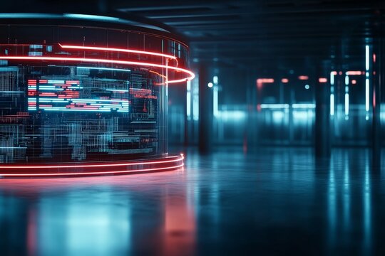 The image features a sleek, digital cylindrical display screen, illuminated with red and blue lights, symbolizing modern technology and digital interfaces.