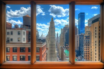 City Skyline View from a Window with Dramatic Clouds