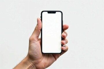 Hand Holding Black Smartphone with Blank Screen Isolated on White Background, Ideal for Technology and E-Commerce Design